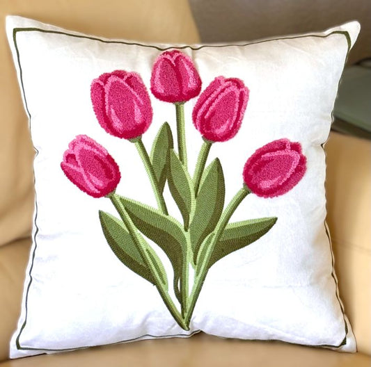 Vibrant Pink Tulips Embroidered Pillow Cover