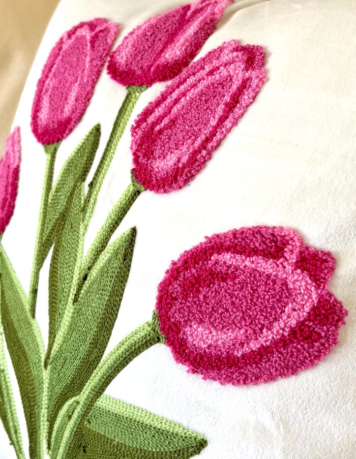 Vibrant Pink Tulips Embroidered Pillow Cover