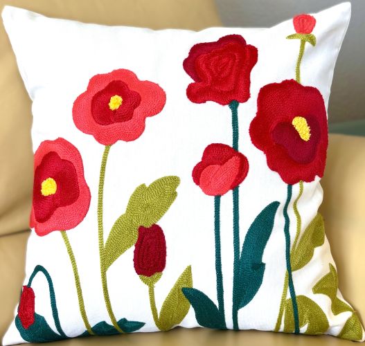 Red Poppies Embroidered Pillow Cover (2 sizes)