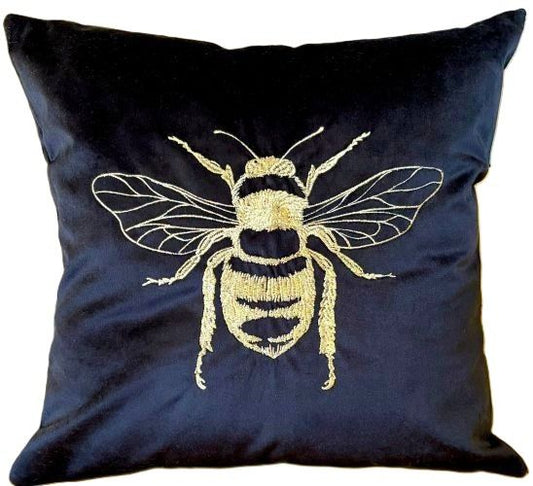 Black and Gold Embroidered Bee Pillow Cover