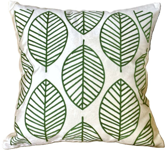 Contemporary Embroidered Green Leaves Pillow Cover