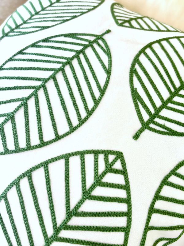 Contemporary Embroidered Green Leaves Pillow Cover