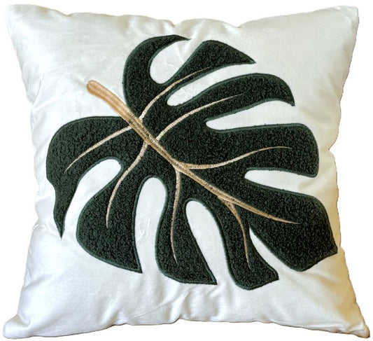 Tropical Monstera Leaf Embroidered/Tufted Pillow Cover