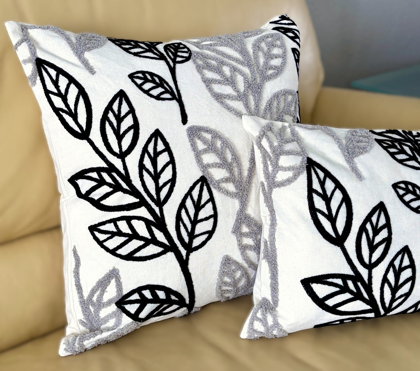 Black and Gray Modern Leaves Pillow Cover
