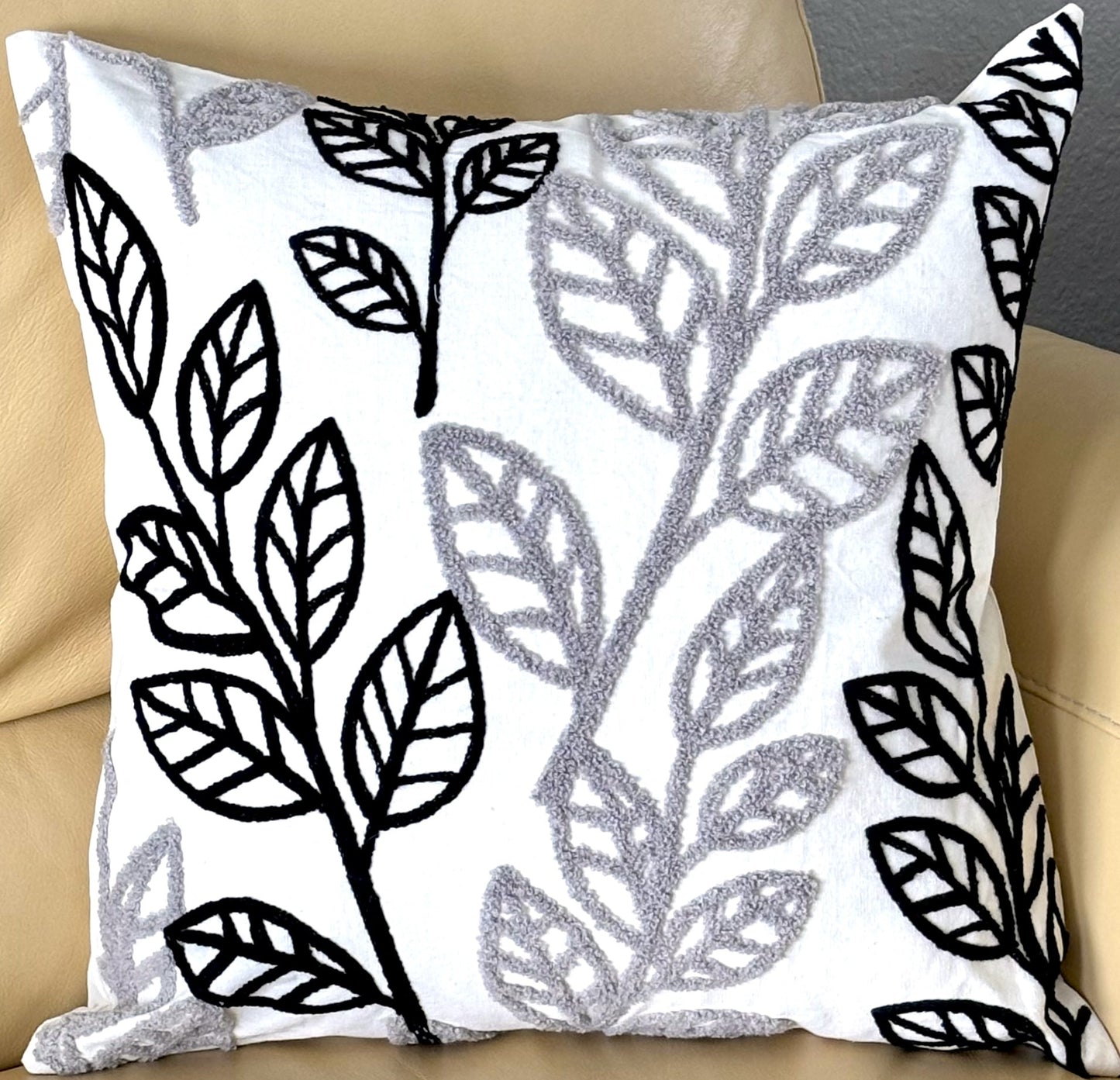 Black and Gray Modern Leaves Pillow Cover