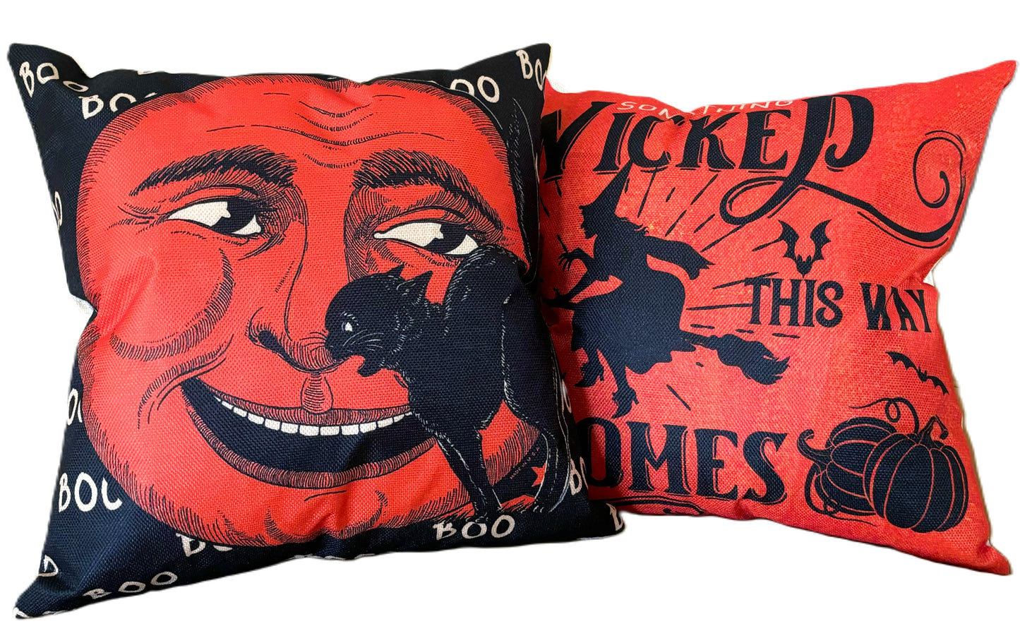Set/2 18" Vintage-Style Halloween Pillow Covers - Flying Witch & Man in the Moon