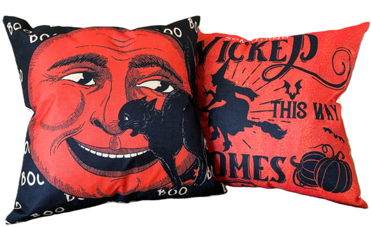 Set/2 18" Vintage-Style Halloween Pillow Covers - Flying Witch & Man in the Moon