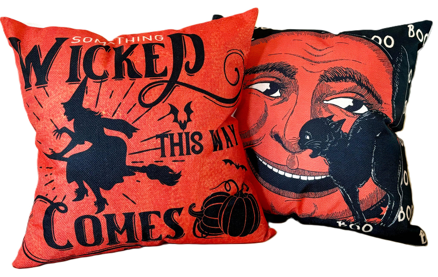 Set/2 18" Vintage-Style Halloween Pillow Covers - Flying Witch & Man in the Moon