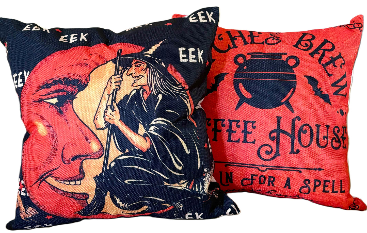 Set/2 18" Vintage-Style Halloween Pillow Covers - Witch & Crescent Moon