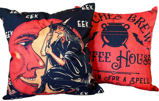Set/2 18" Vintage-Style Halloween Pillow Covers - Witch & Crescent Moon