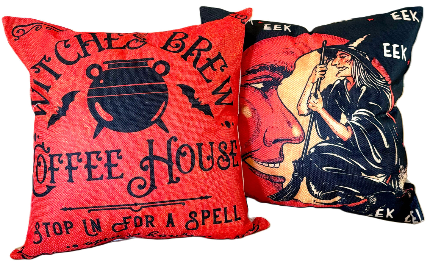Set/2 18" Vintage-Style Halloween Pillow Covers - Witch & Crescent Moon