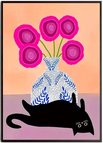 Black Cat and Pink Flowers Art Print