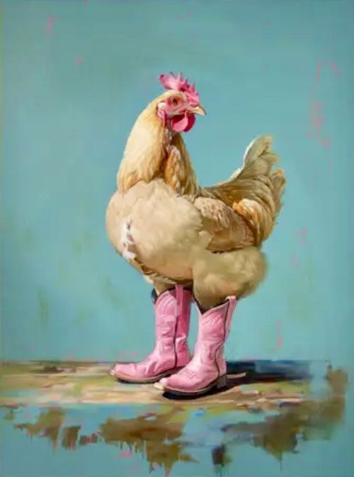 Chicken Wearing Pink Cowboy Boots Art Print