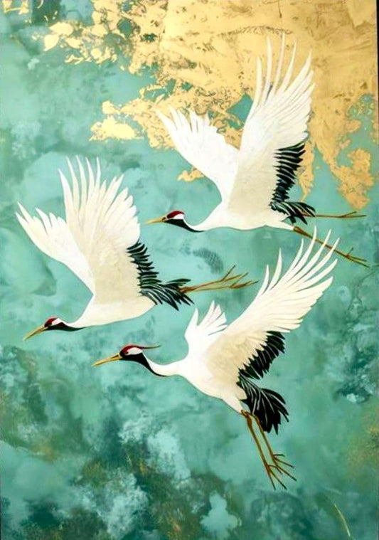 Japanese-Style Flying Cranes Green/Gold Background Art Print