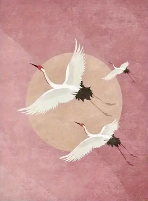 Japanese-Style Flying Cranes Pink Background Art Print