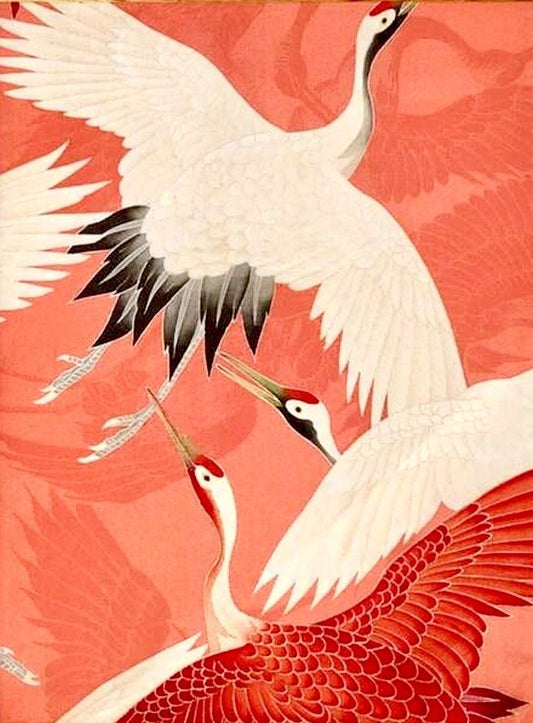 Japanese-Style Flying Cranes Red Art Print