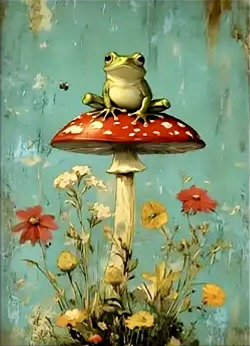 Frog Sitting on Mushroom Art Print
