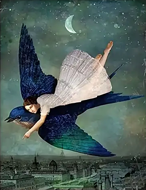 Woman Soaring on Bird Art Print