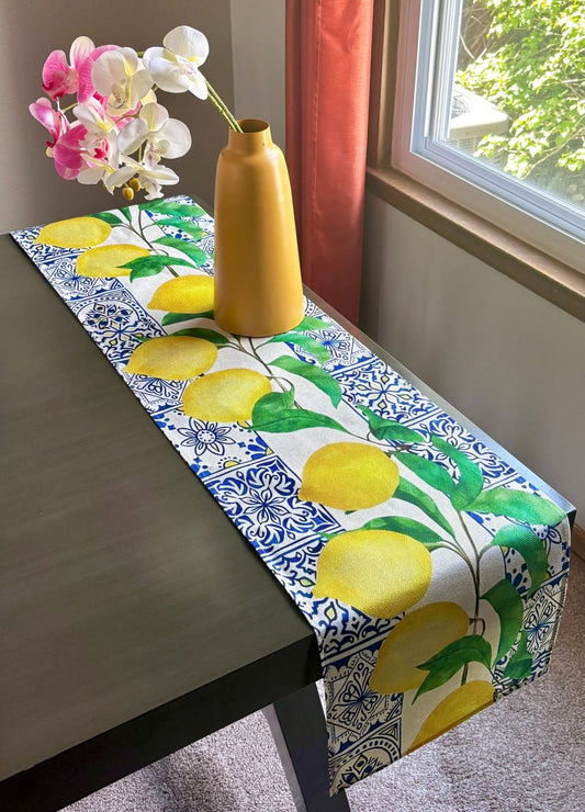 Mediterranean Blue Tile Lemon Table Runner