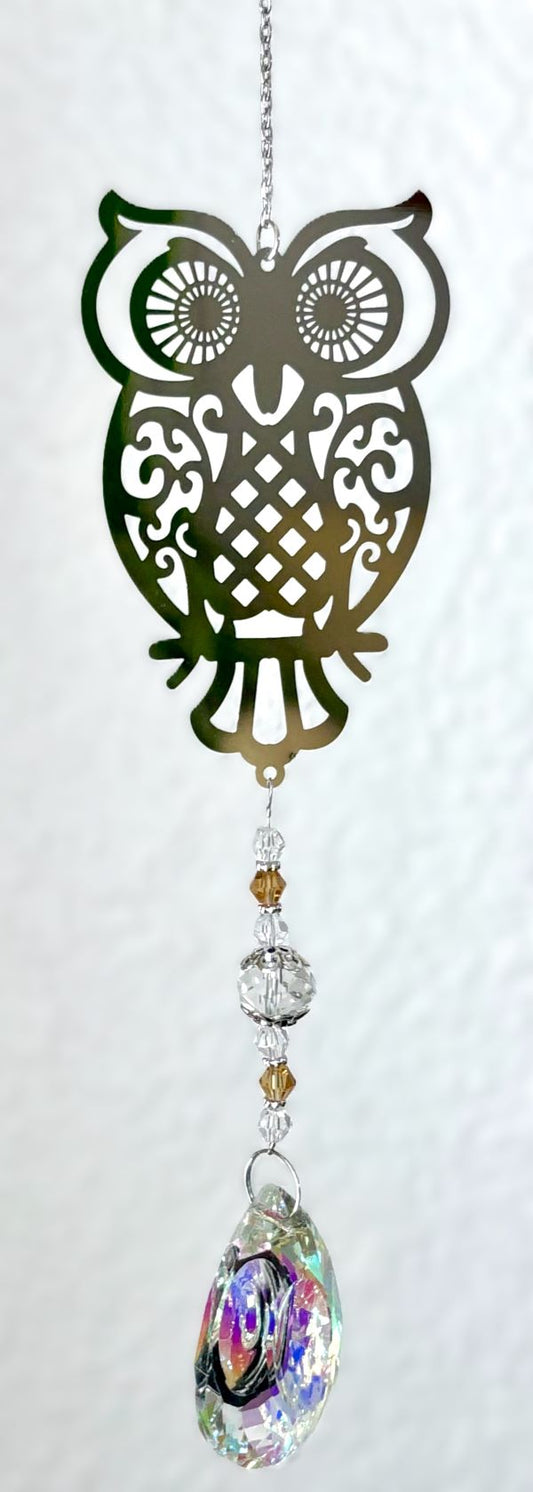 Silver Owl Iridescent Prism Sun Catcher