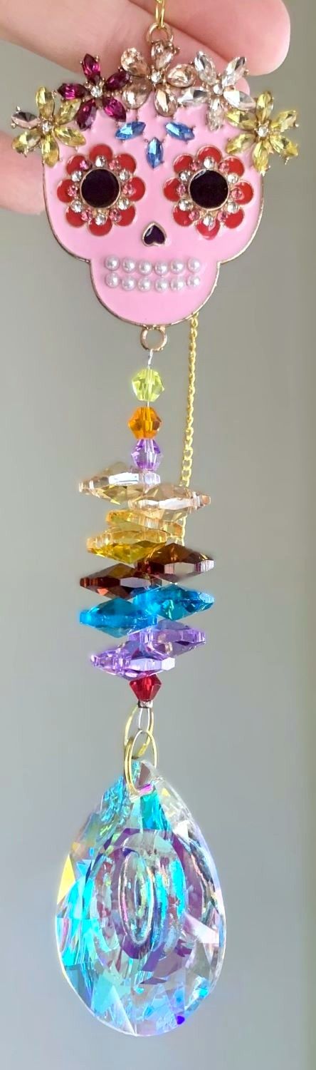 Jeweled Pink Female Sugar Skull Sun Catcher