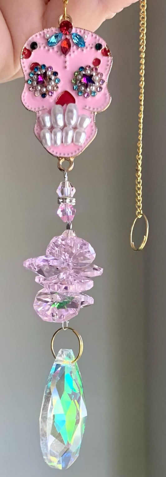 Jeweled Pink Sugar Skull Sun Catcher