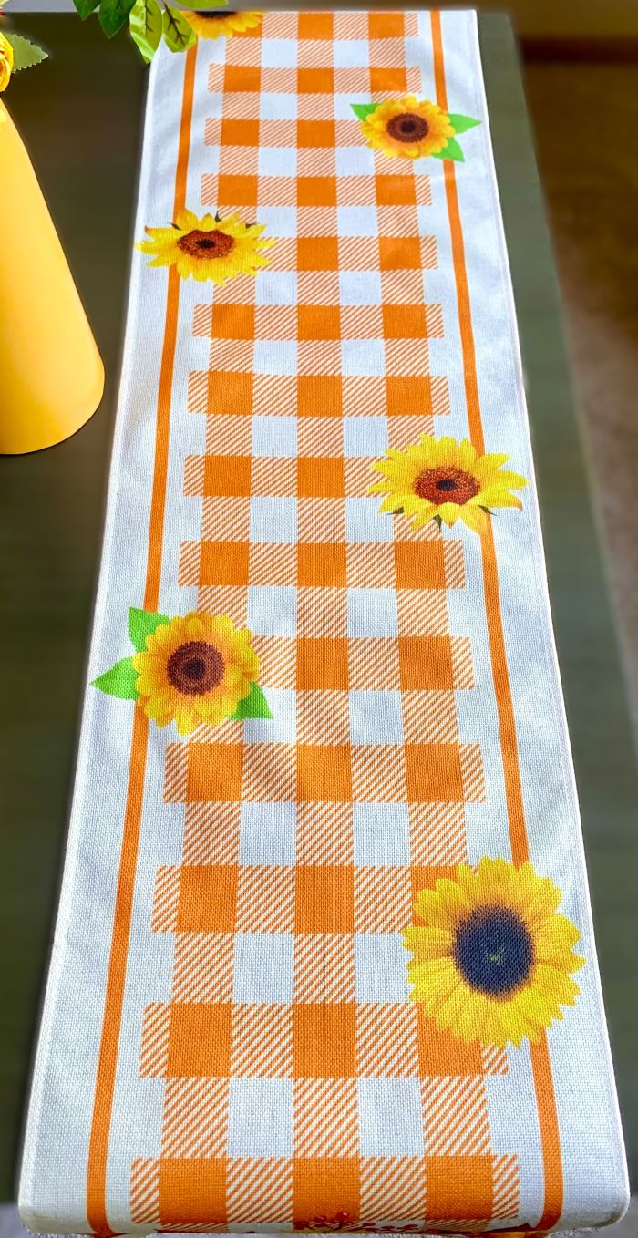 Vibrant Orange Buffalo Plaid and Sunflower Table Runner