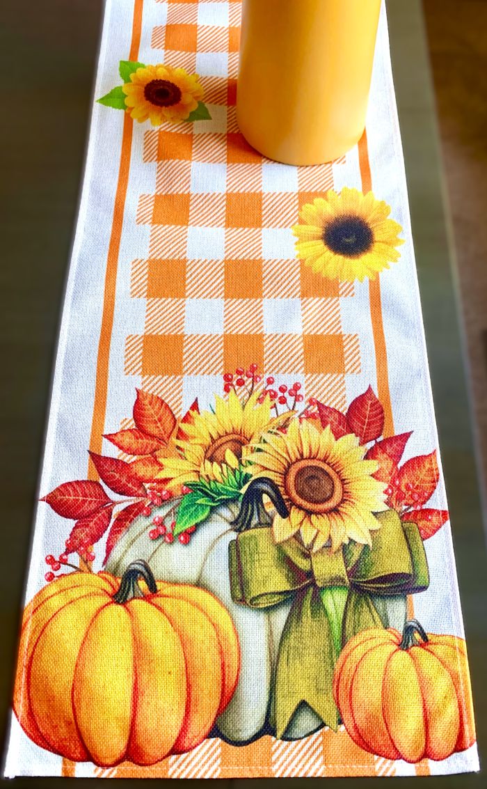 Vibrant Orange Buffalo Plaid and Sunflower Table Runner