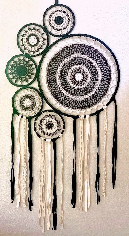 Artisanal Black and Beige Crochet Wall Hanging