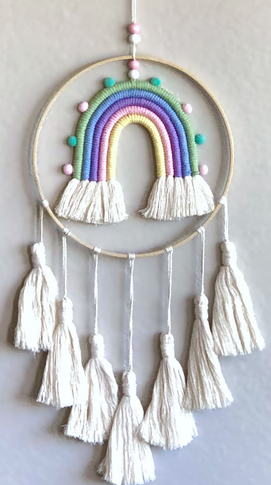 Moveable Pastel Rainbow Wooden Hoop Tasseled Wall Hanging