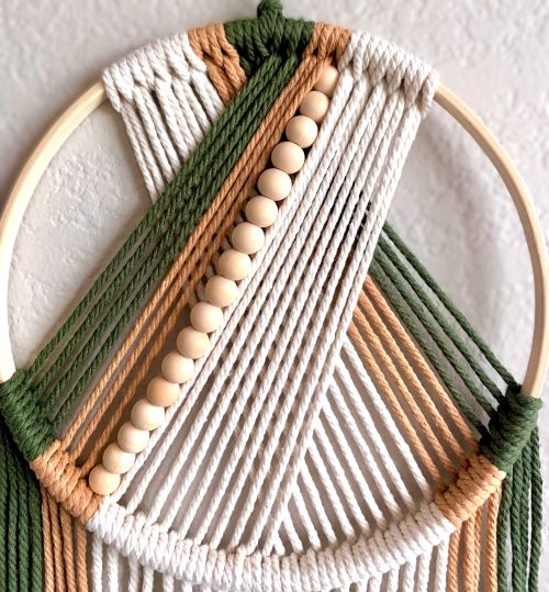 Sage and Tan Woven & Wooden Beaded Wall Hanging