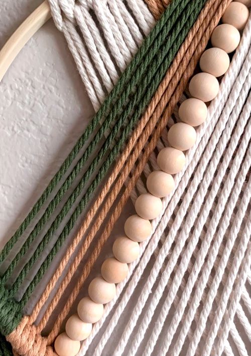 Sage and Tan Woven & Wooden Beaded Wall Hanging
