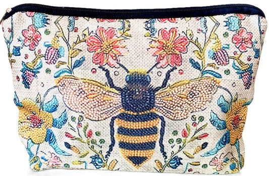 Vintage Large Bee and Wildflowers Zippered Pouch